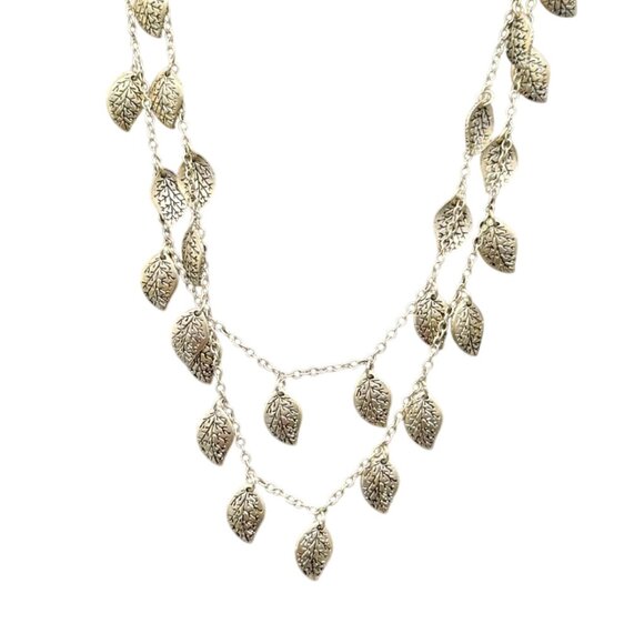 N/A Jewelry - Engraved Leaves Station Double Strand Layered Chain Necklace Silver Tone